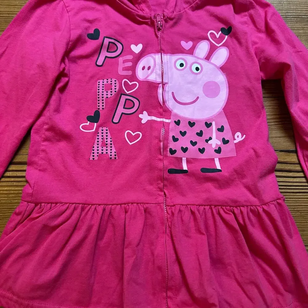 Little Kids pink long sleeve Peppa Pig hooded full zip ruffle bottom shirt SIZEM
